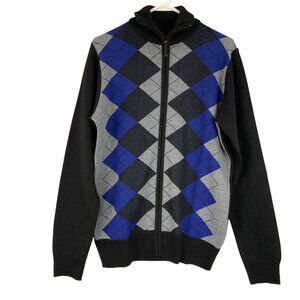 Yoki Black Blue Argyle Print Full Zip Long Sleeve High Neck Sweater Size M